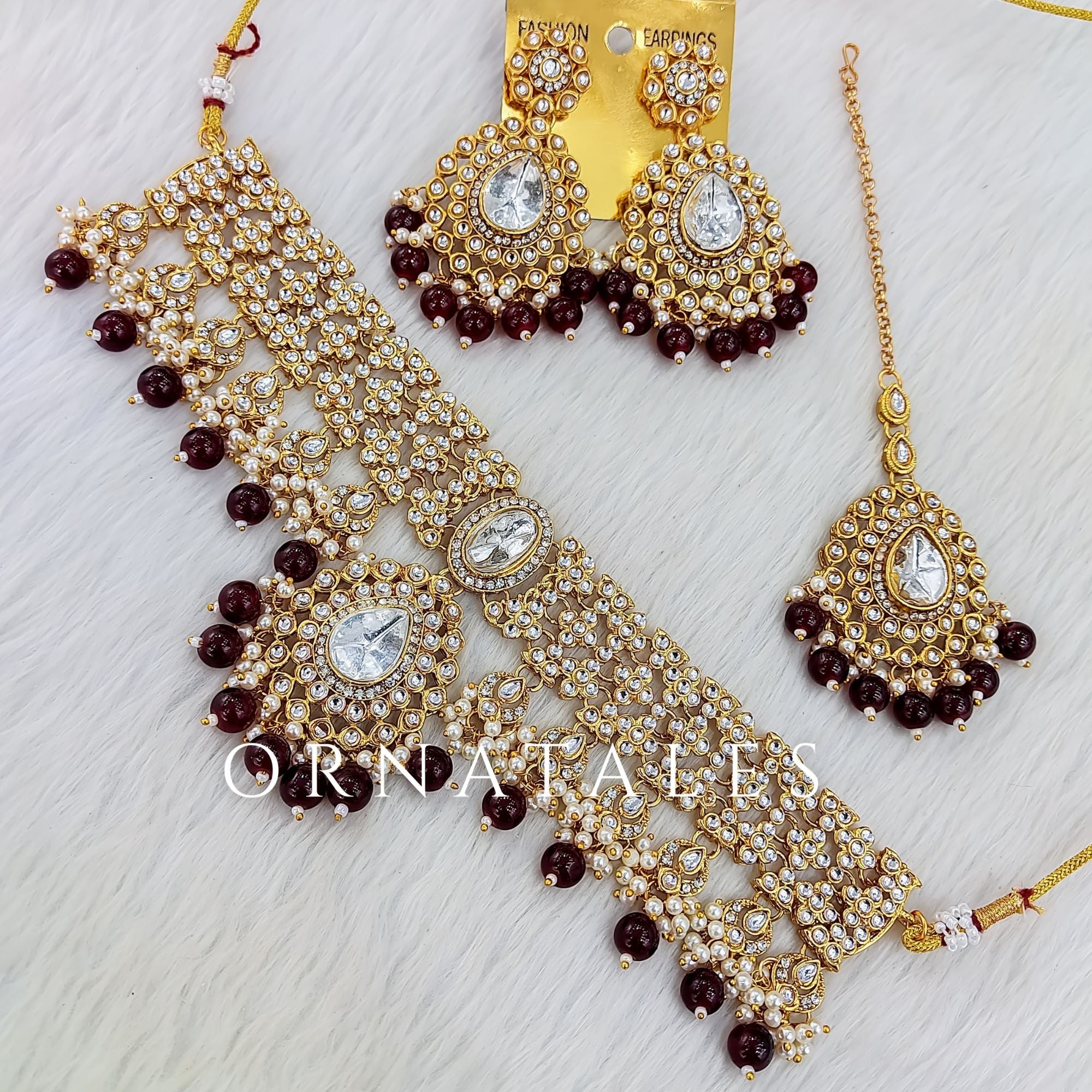 Maroon pearl kundan necklace set with matching earrings and tikli – bridal and festive jewelry – Ornatales