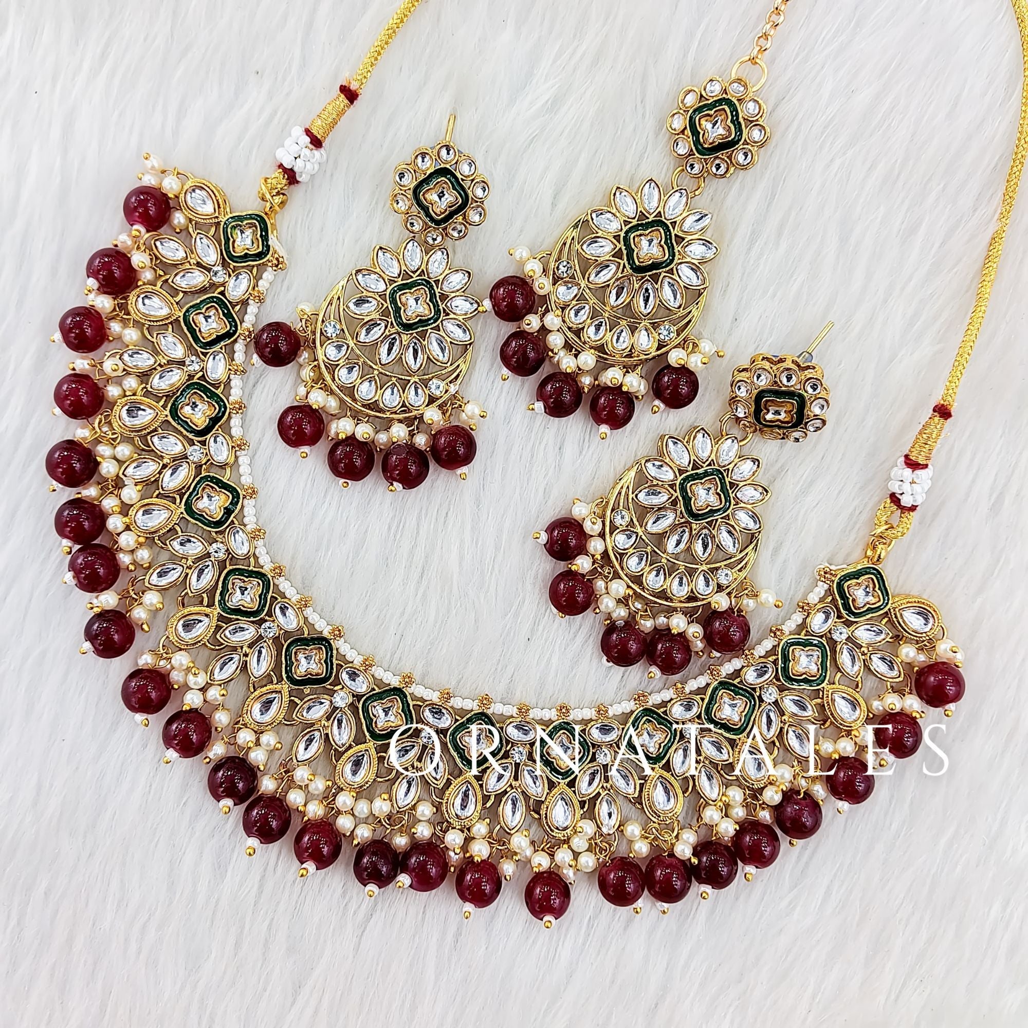 Maroon pearl kundan necklace set with matching earrings and tikli – bridal and festive jewelry – Ornatales