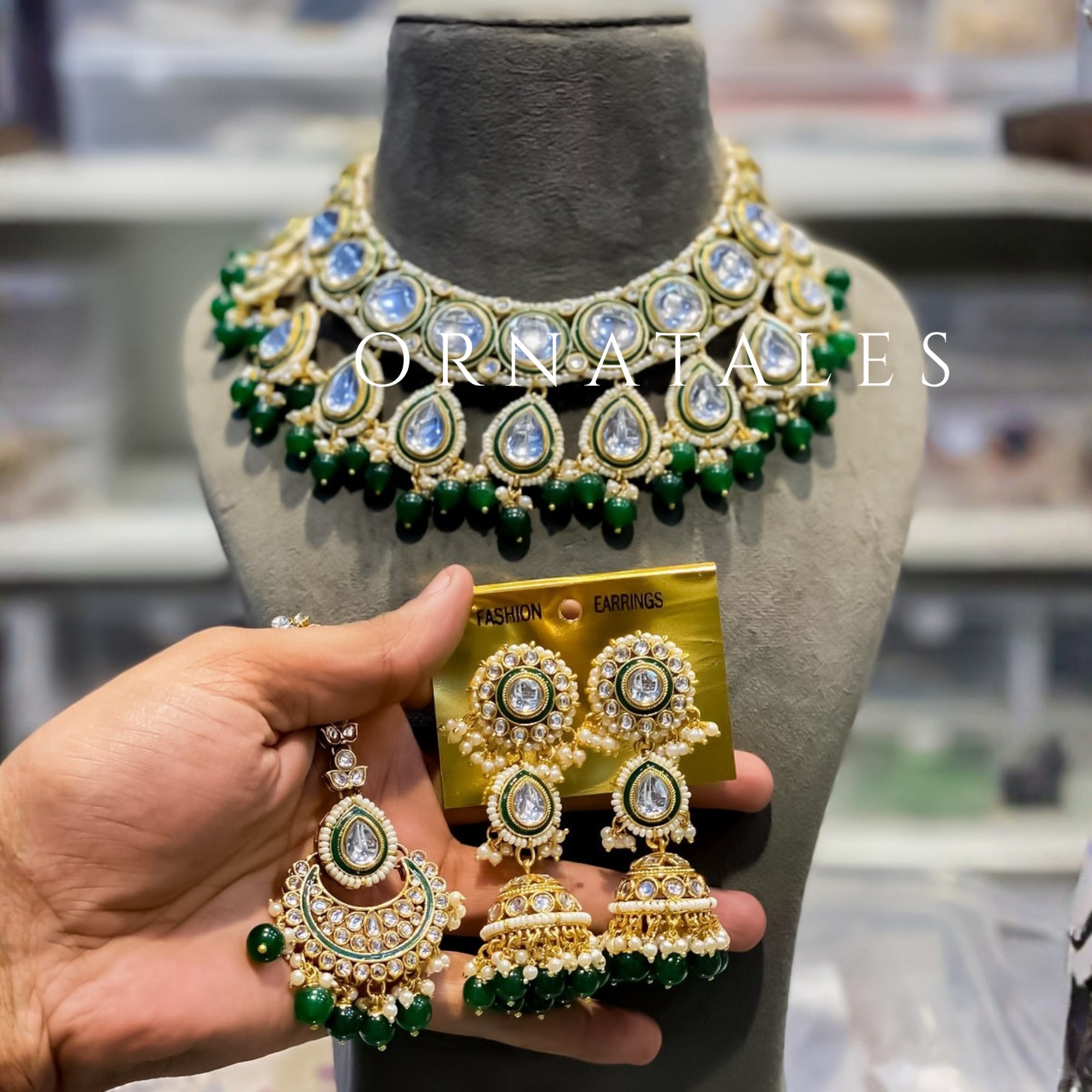 Emerald Green Pearl Kundan Necklace Set – Rajwada Drop Motif Design