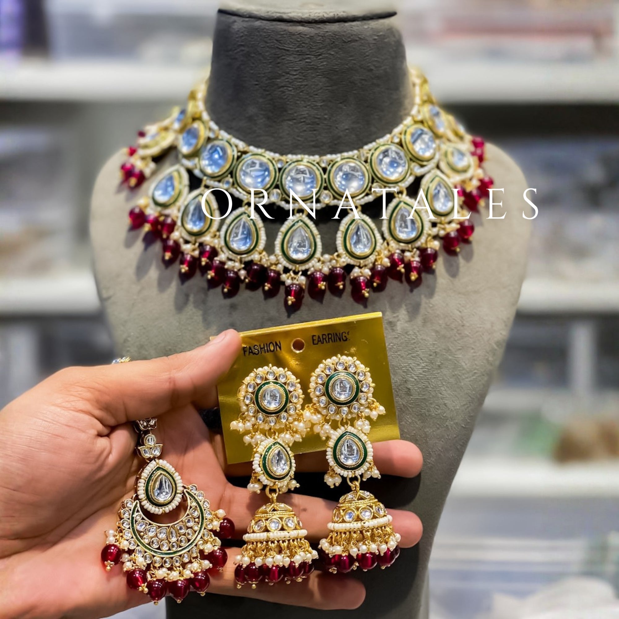 Maroon Pearl Kundan Necklace Set – Rajwada Drop Motif Design