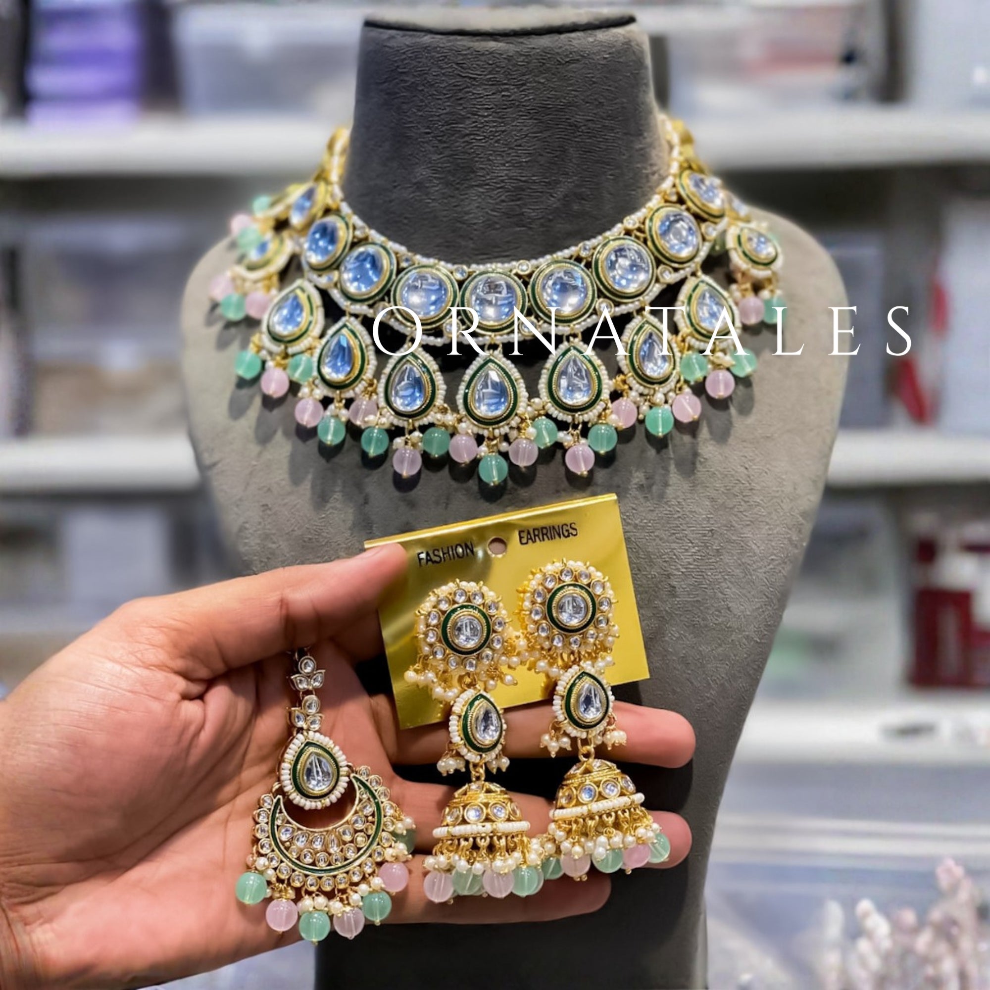 Pink & Mint Pearl Kundan Necklace Set – Rajwada Drop Motif Design