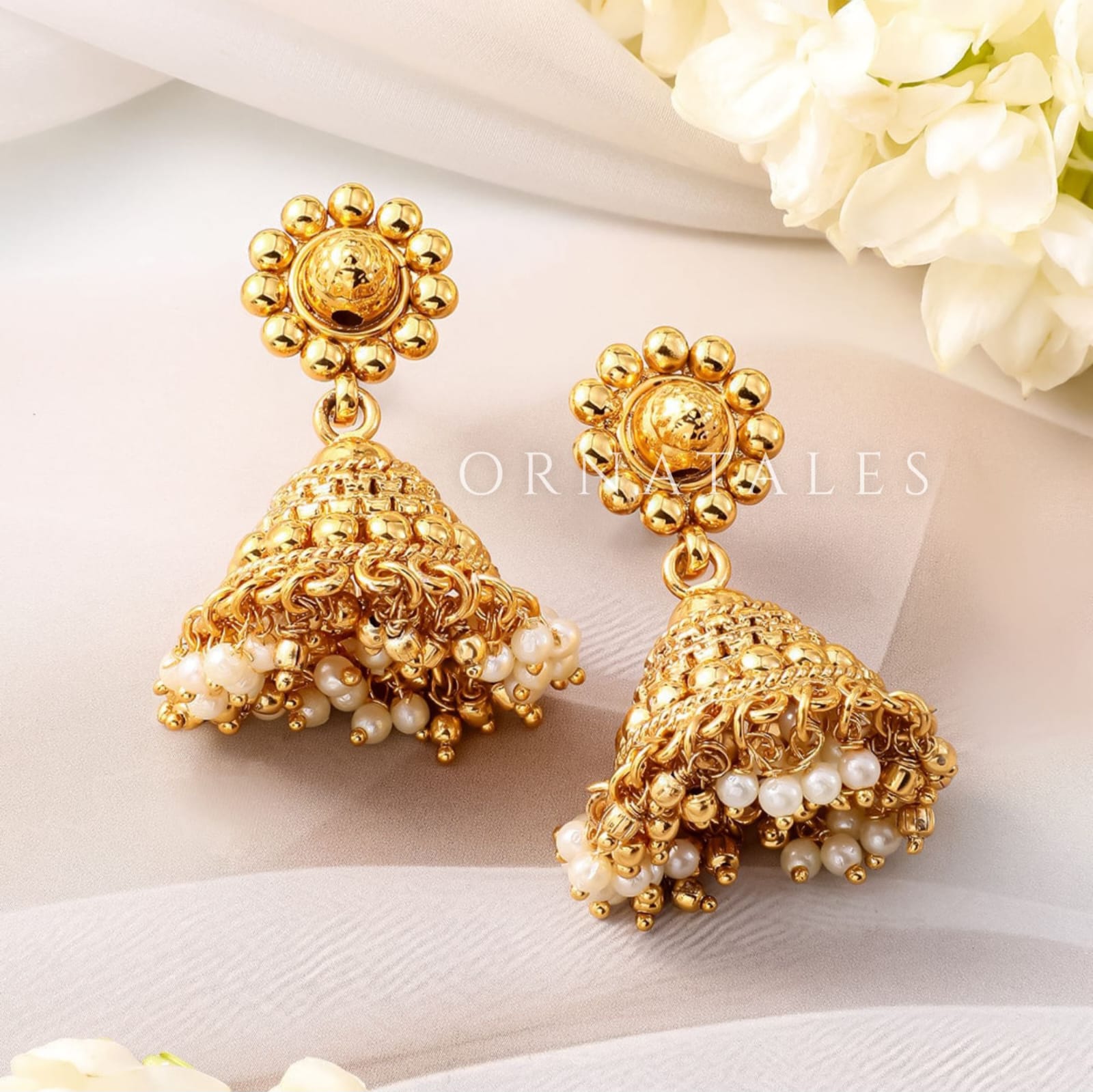 White Traditional Gajra Necklace Set featuring double-layer white micro pearls and golden ball beads.