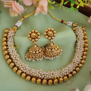 White Traditional Gajra Necklace Set featuring double-layer white micro pearls and golden ball beads.