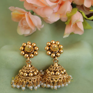 White Traditional Gajra Necklace Set featuring double-layer white micro pearls and golden ball beads.